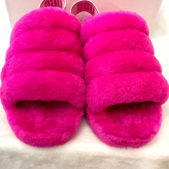 UGG FLUFF YEAH LAMB FUR HOT PINK SLING BACK PEEP TOE SLIPPERS SZ 7 - Picture 7 of 14